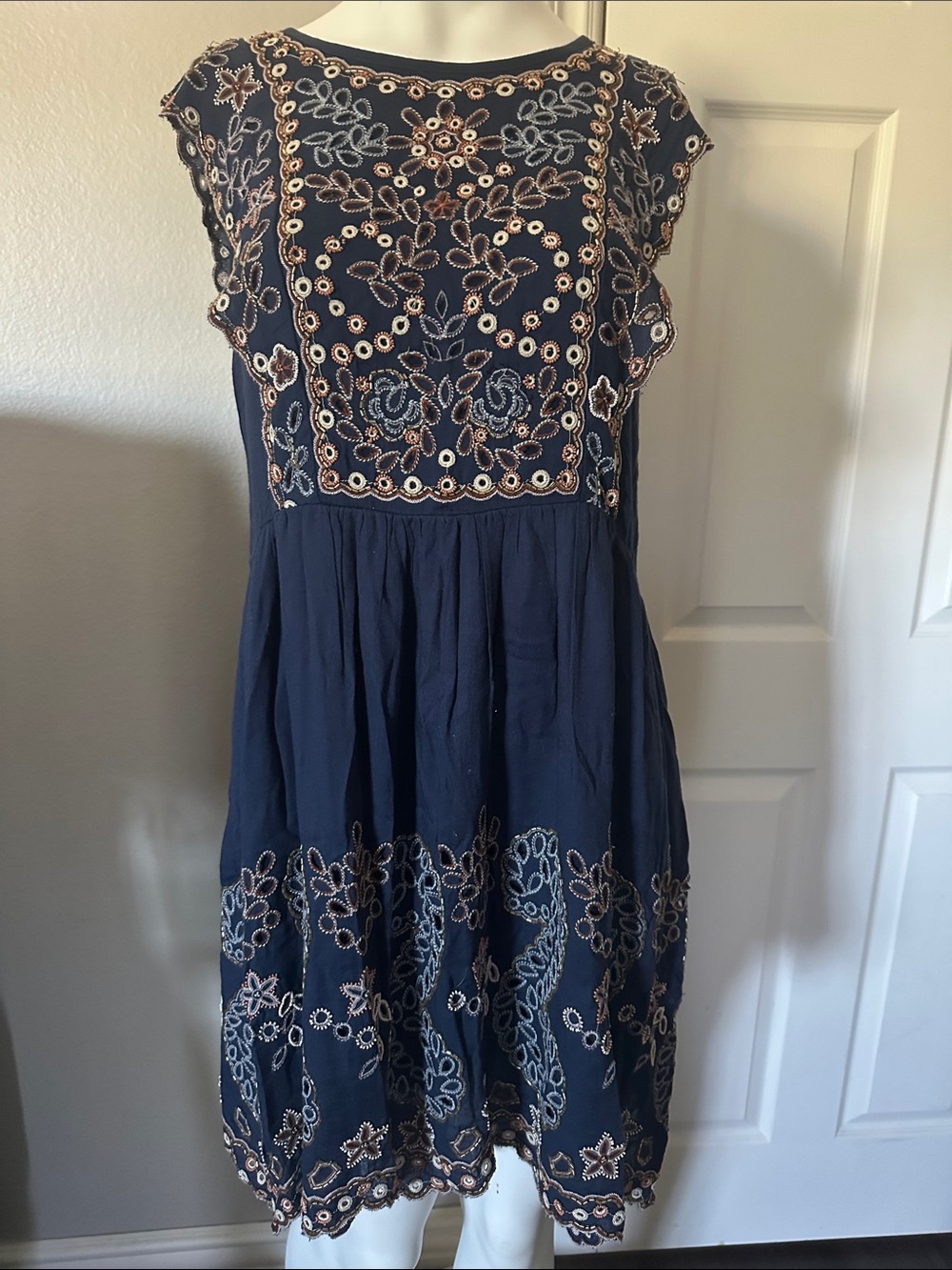 Embroidered Navy Cap-Sleeve Women’s Dress